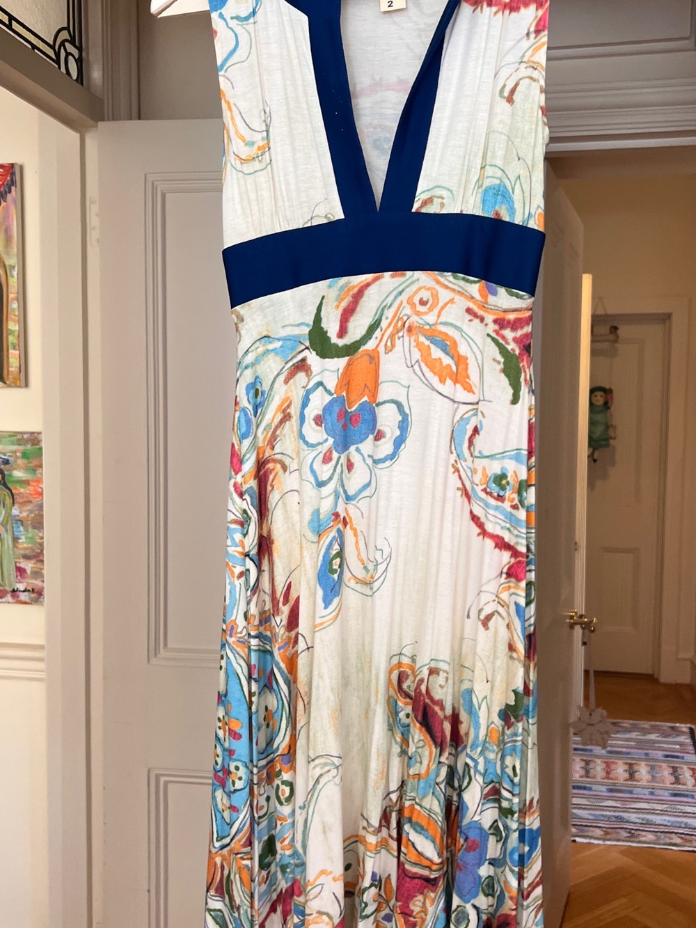 Searle White Maxi Dress with Navy V-Band and Multicolor Floral Motif